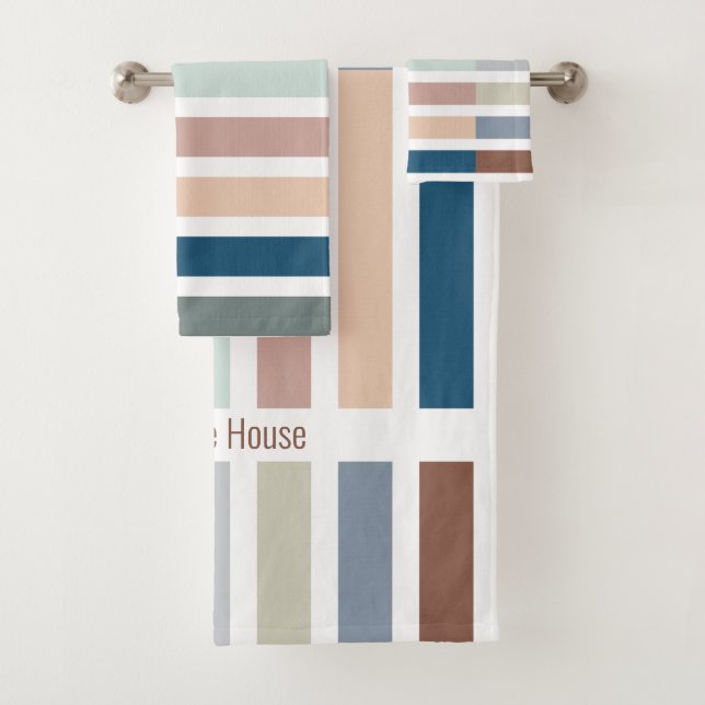 Colour Block Striped Earthy Spa Personalised Bath Towel Set (Insitu)
