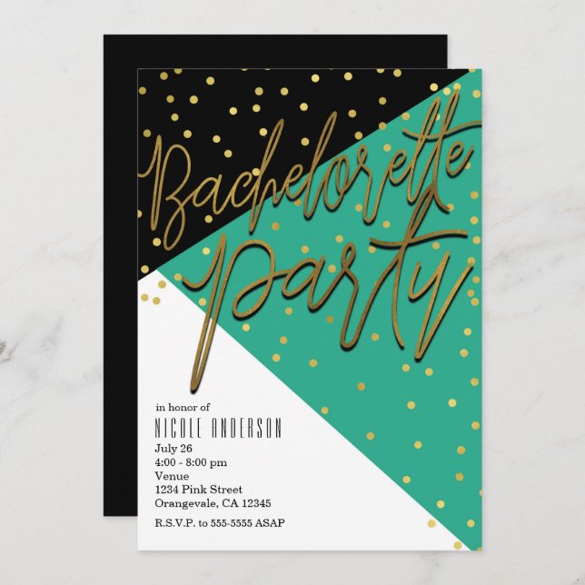 Colour Block Teal Black Bachelorette Invitations (Front/Back)