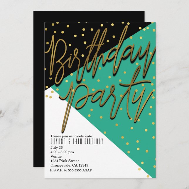 Colour Block Teal Black Gold Birthday Invitations (Front/Back)