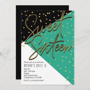 Colour Block Teal Black Gold Sweet 16 Invitations