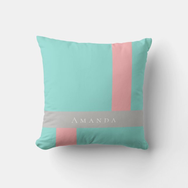 Colour Block teal grey coral name Cushion (Front)