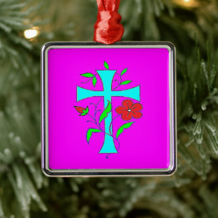 Colour blushing pink with red flowers blue cross metal ornament