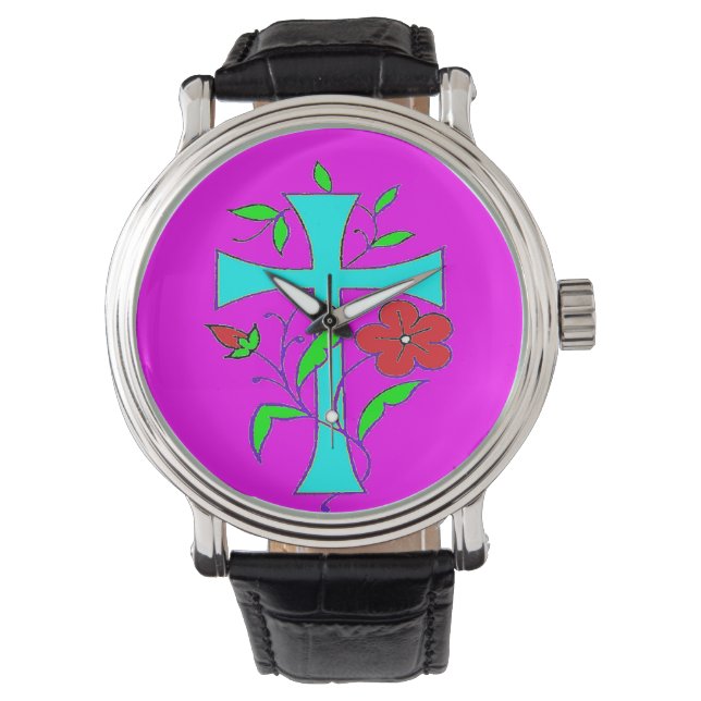 Colour blushing pink with red flowers blue cross watch (Front)