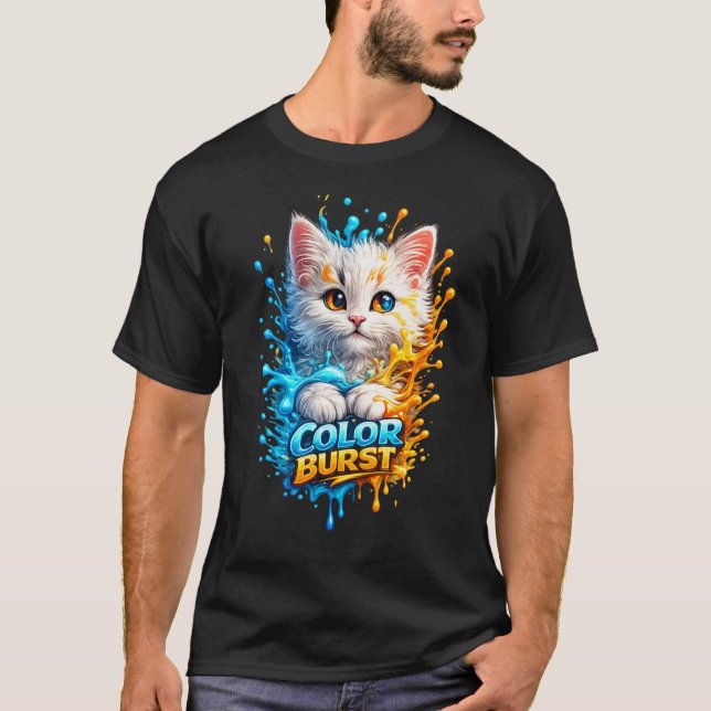 Colour Burst Cat – Vivid Paint Splash Graphic Tee (Front)