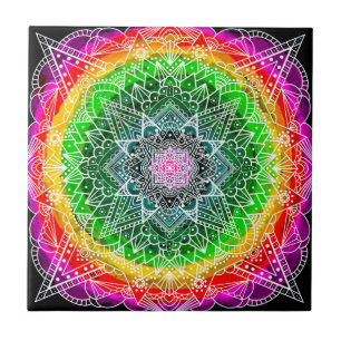 Colour burst Rainbow Prism Mandala Ceramic Tile