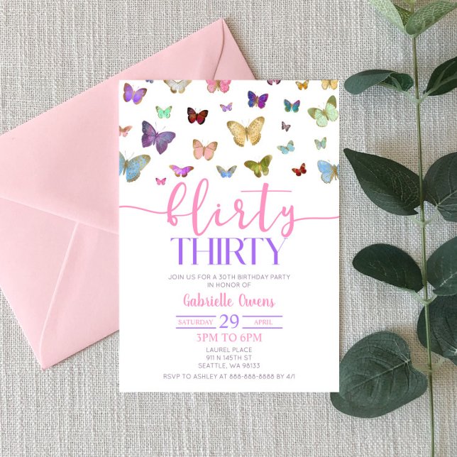 Colour Butterfly Flirty Thirty 30th Birthday Party Invitation (Creator Uploaded)