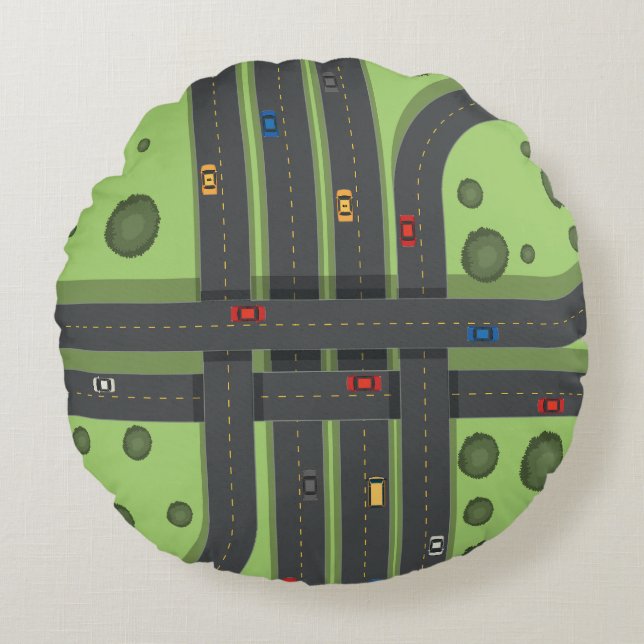 Colour Cartoon Highway & Cars Cool Background Grap Round Cushion (Front)
