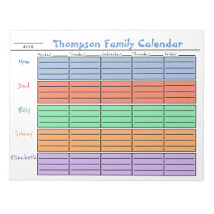 Colour Coded Family Weekly Calendar Notepad