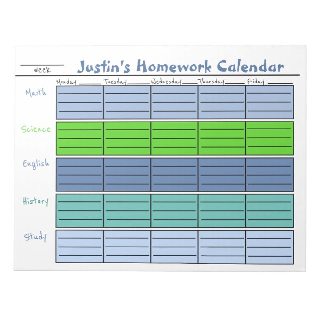 Colour Coded Weekly Homework Notepad (Front)