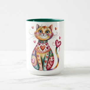 Colour coffee mug with design of cat and hearts