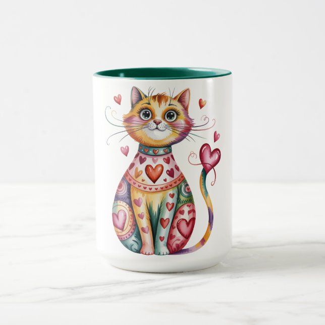 Colour coffee mug with design of cat and hearts (Center)