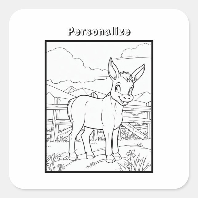 Colour Donkey At The Farm Personalise   Square Sticker (Front)