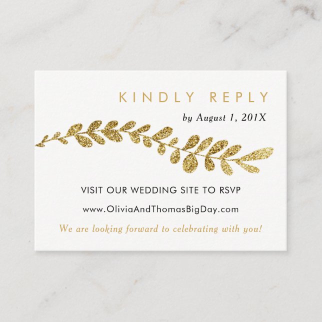 Colour Editable Faux Gold Leaf Wedding RSVP Card (Front)