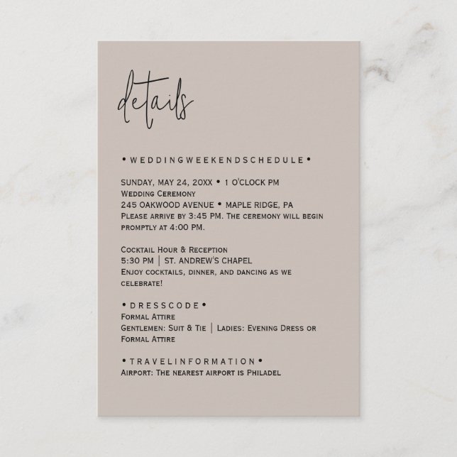 Colour Editable Wedding Details Card (Front)