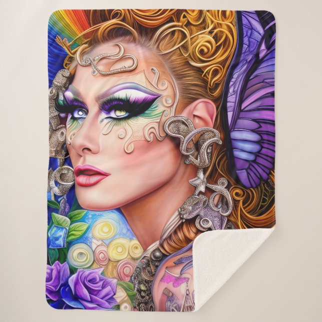 Colour-Exploding Drag Queen Artwork Design Sherpa Blanket (Front)