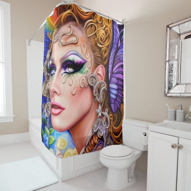 Colour-Exploding Drag Queen Artwork Design Shower Curtain (In Situ)