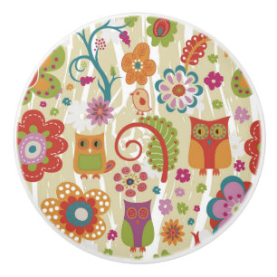 Colour Floral and Owl Ceramic Knob