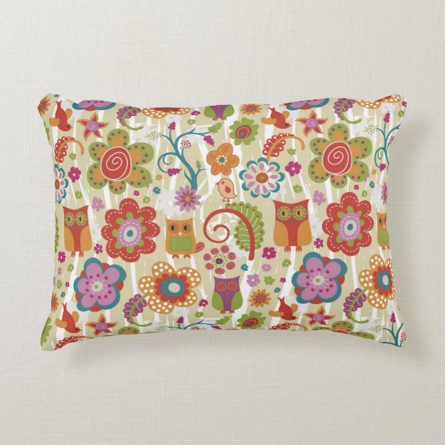 Colour Floral and Owl Decorative Cushion (Front)
