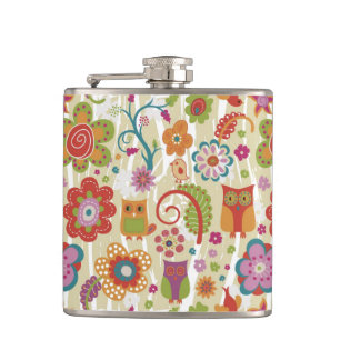 Colour Floral and Owl Hip Flask