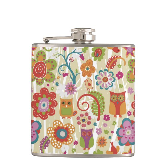 Colour Floral and Owl Hip Flask (Front)