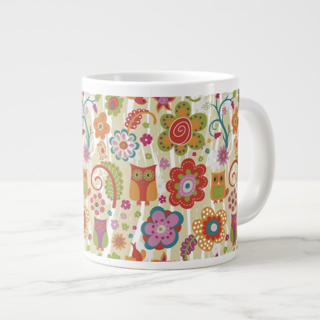 Colour Floral and Owl Large Coffee Mug (Front Right)