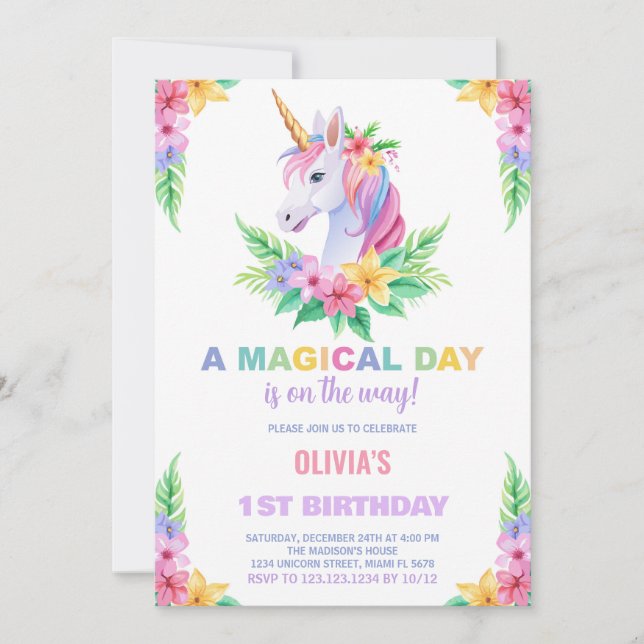 Colour Floral Unicorn Birthday Invitations (Front)