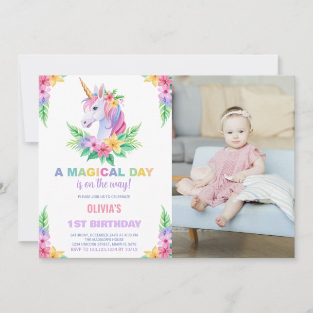 Colour Floral Unicorn Birthday Invitations photo (Front)