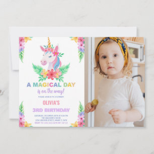 Colour Floral Unicorn Birthday Invitations w photo