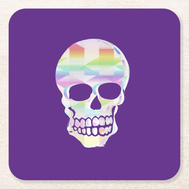Colour Glitch Skull Square Paper Coaster (Front)
