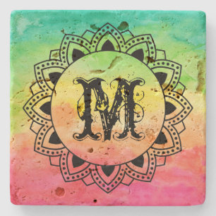 Colour Gradation Ornate Black Circle & Monogram Stone Coaster