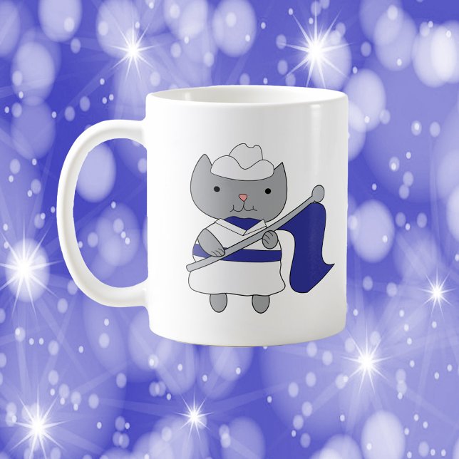 Colour Guard Cat Blue and White Coffee Mug (A mug with a cute cat dressed in a blue and white color guard uniform.)