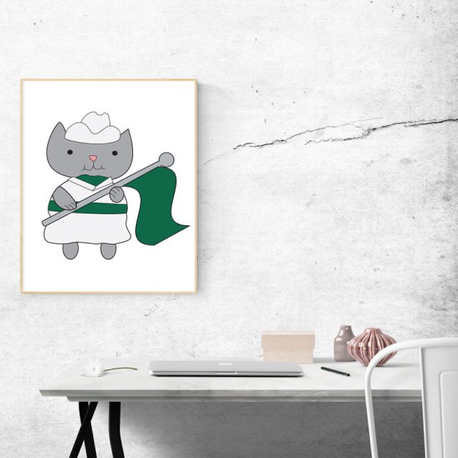 Colour Guard Cat Green and White Poster (A poster of a gray cat in a green and white color guard uniform with a green flag.)