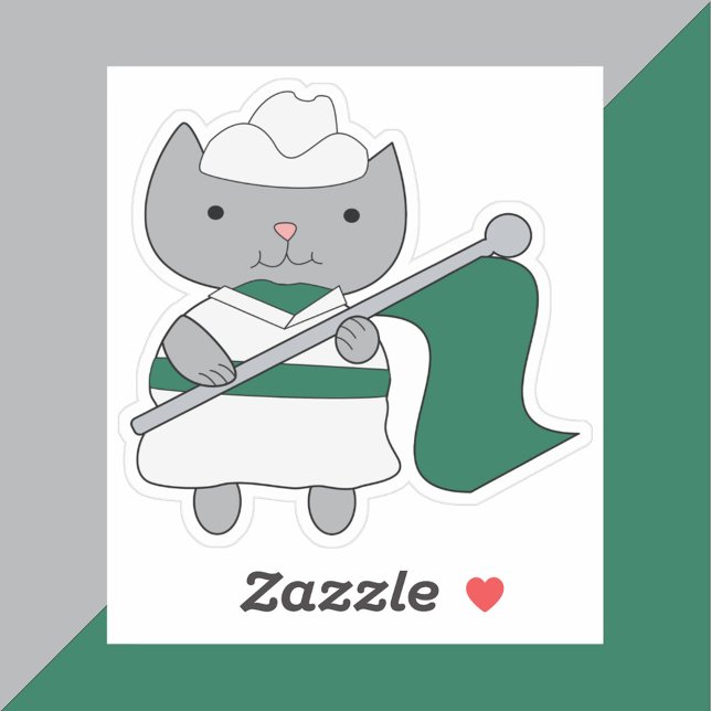 Colour Guard Cat Parade Green White (A sticker of a cat wearing a green and white color guard uniform holding a green flag.)