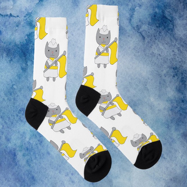 Colour Guard Cat Yellow White Pattern Socks (A pair of socks featuring a pattern of gray cats wearing a yellow and white color guard uniform.)