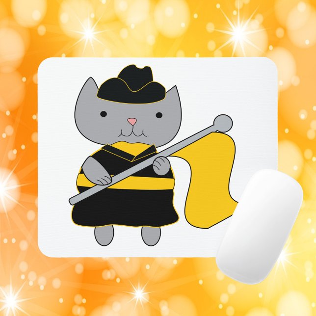 Colour Guard Cute Cat Black and Yellow Mouse Pad (A mouse pad featuring a gray cat wearing a black and yellow color guard uniform.)