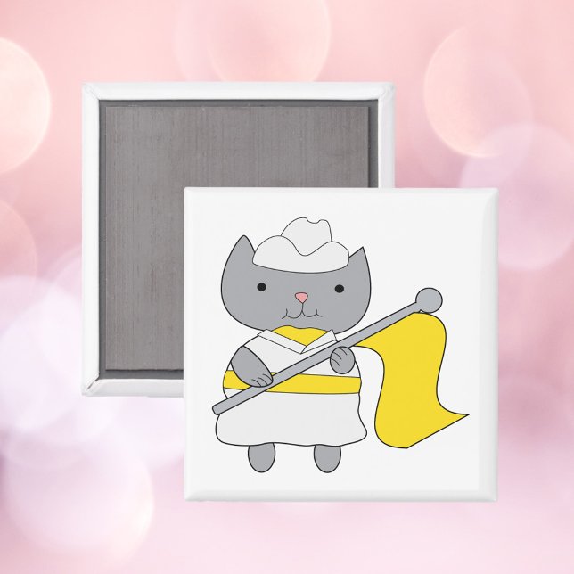 Colour Guard Flag Team Grey Cat Yellow White Magnet (A magnet featuring a gray cat in a yellow & white color guard uniform with yellow flag.)
