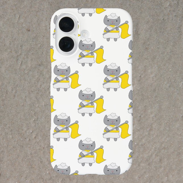 Colour Guard Grey Cat Yellow and White Case-Mate iPhone Case (A phone case with a pattern of gray cats in a yellow and white color guard uniform.)