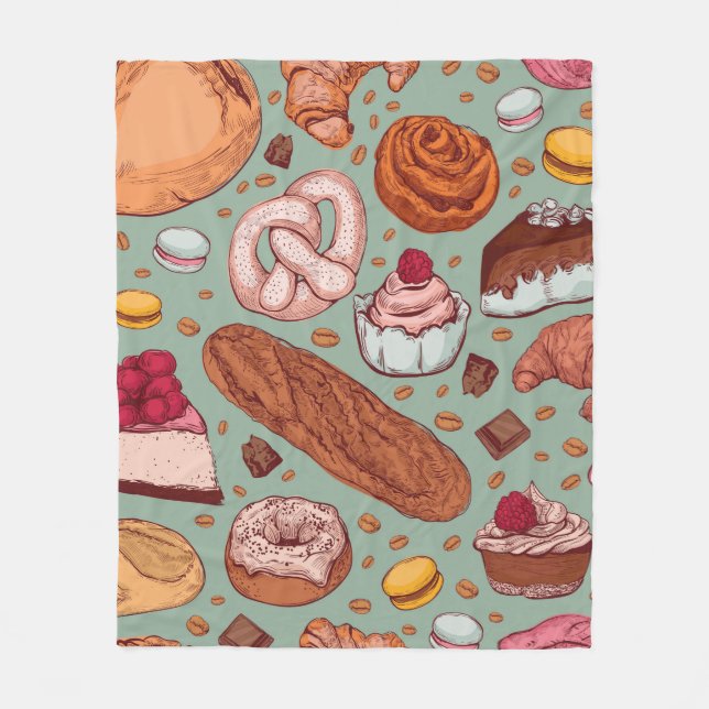 Colour hand drawn sketch style bakery patten. Diff Fleece Blanket (Front)