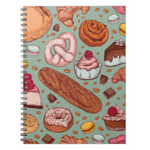 Colour hand drawn sketch style bakery patten. Diff Notebook