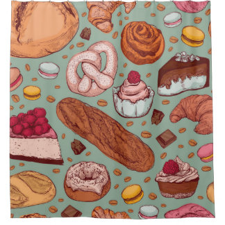 Colour hand drawn sketch style bakery patten. Diff Shower Curtain