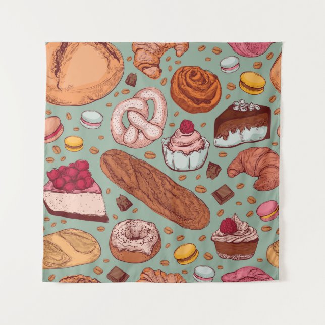 Colour hand drawn sketch style bakery patten. Diff Tapestry (Front)