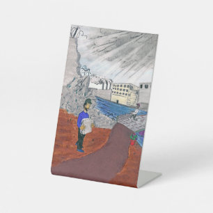 Colour Illustration of People Building a Bridge Ou Pedestal Sign