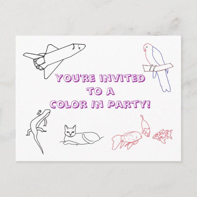 Colour in Birthday Party invitations, postcards (Front)