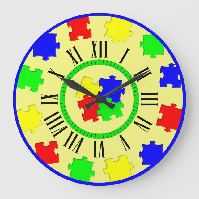 Colour Jigsaw Puzzle Pieces, Roman Numerals Minute Large Clock (Front)