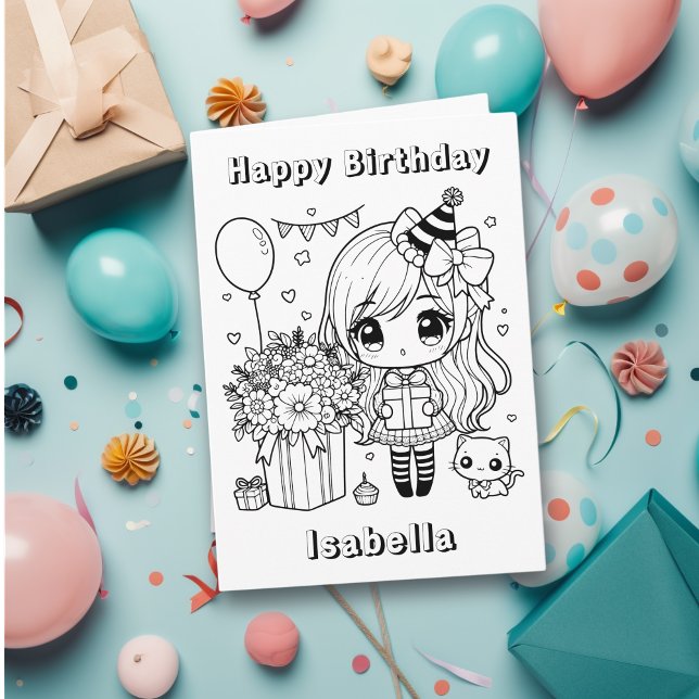 Colour Me Anime Girl's Birthday Card (Creator Uploaded)