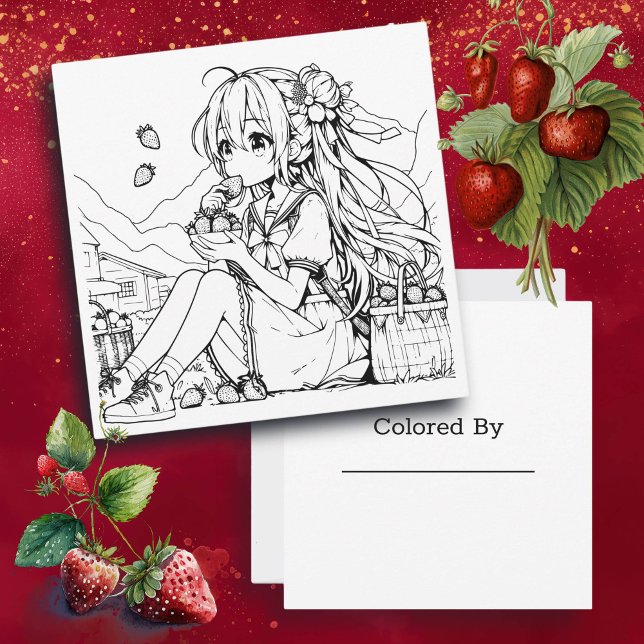Colour Me Card for Kids | Anime Girl Strawberries (Creator Uploaded)