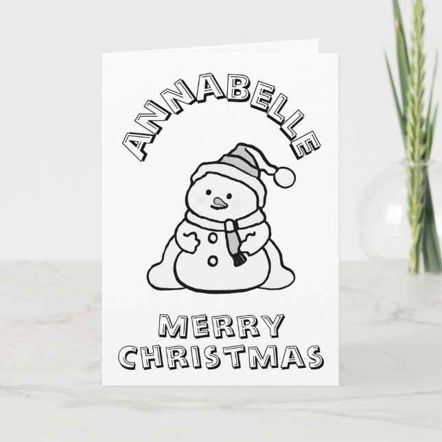 Colour Me In Snowman Black, White Kids Activity Holiday Card (Front)