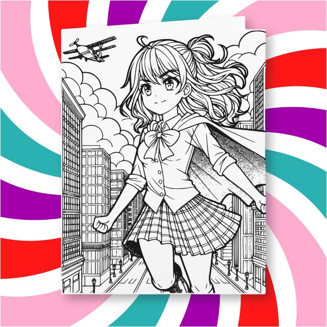 Colour Me Page | Anime Superhero Girl Big Birthday Card (Creator Uploaded)