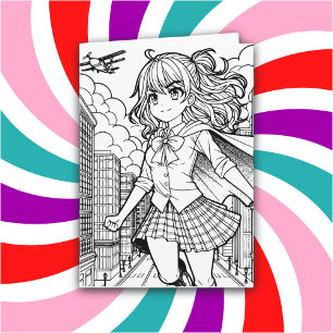 Colour Me Page Anime Superhero Girl Birthday Card