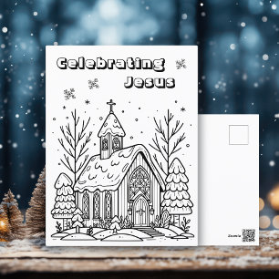 Colour Me Page   Christmas Church Postcard